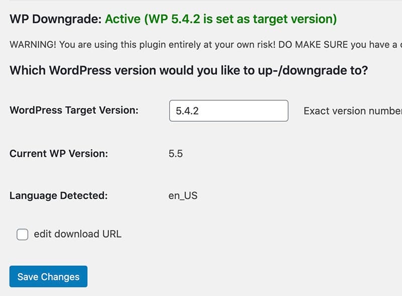 WordPress Downgrade Targeted Version